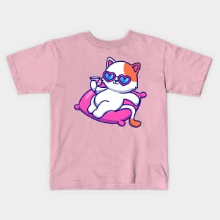 Cute Cat Chill On Pillow With Juice Cartoon Kids T-Shirt